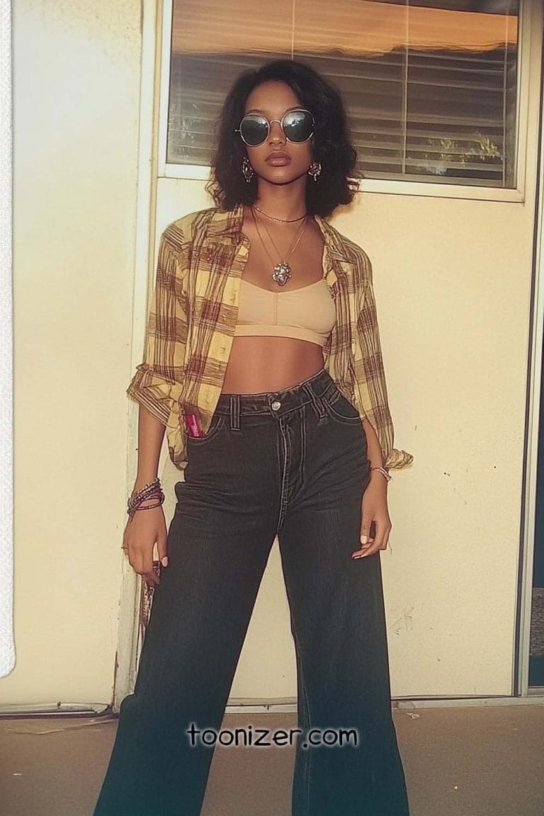 Stylish person wearing sunglasses, plaid shirt, high-waisted jeans.