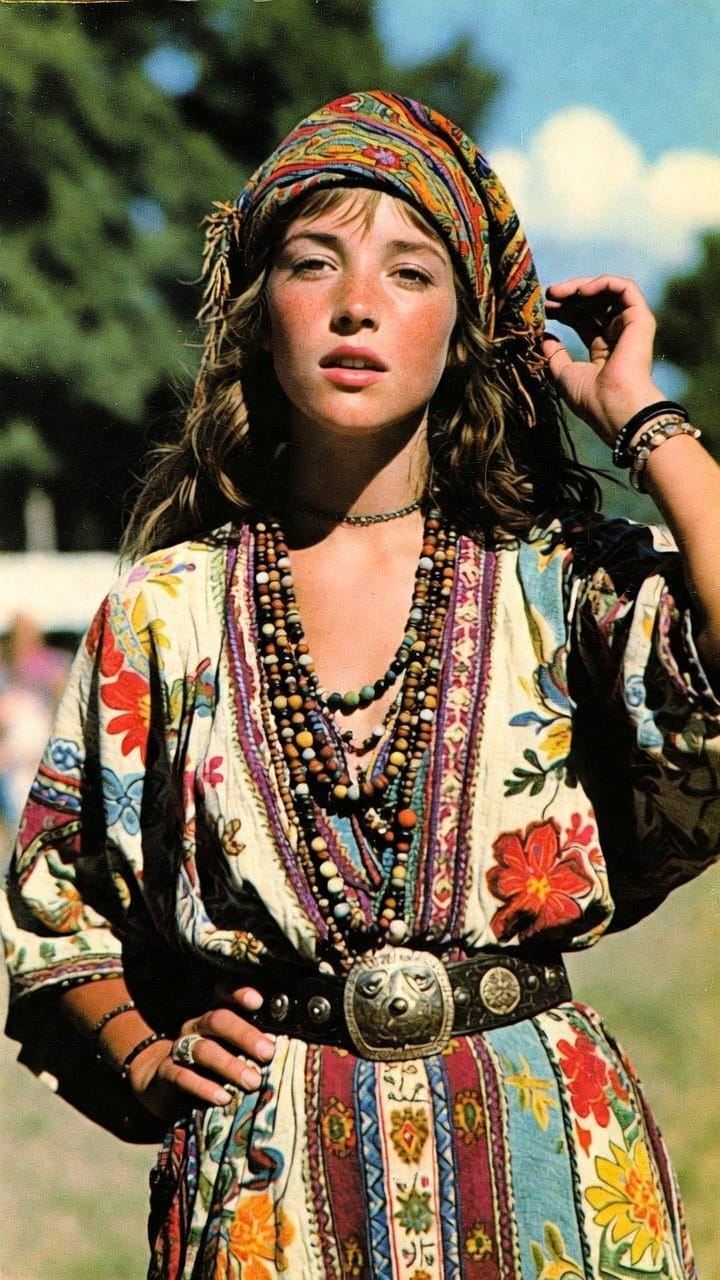 Woman in colorful bohemian dress and headscarf outdoors