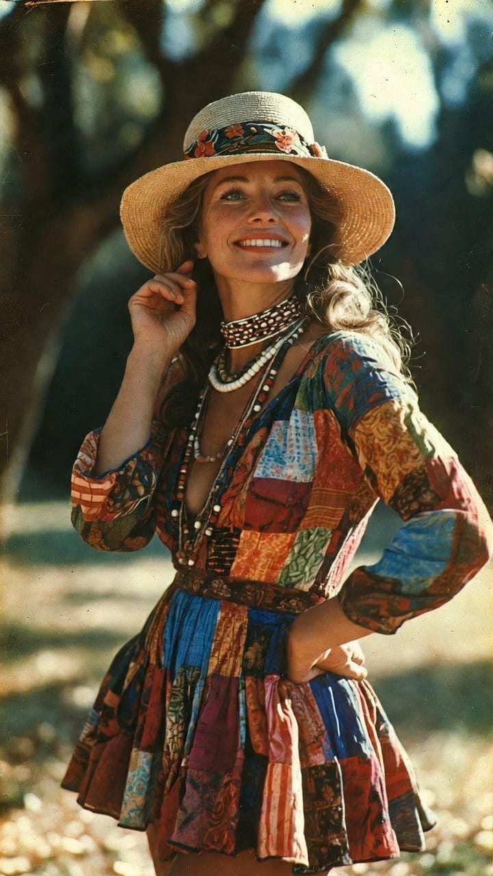 Smiling woman in patchwork dress and straw hat