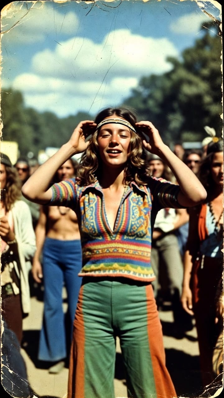 Young woman in 1970s hippie festival attire