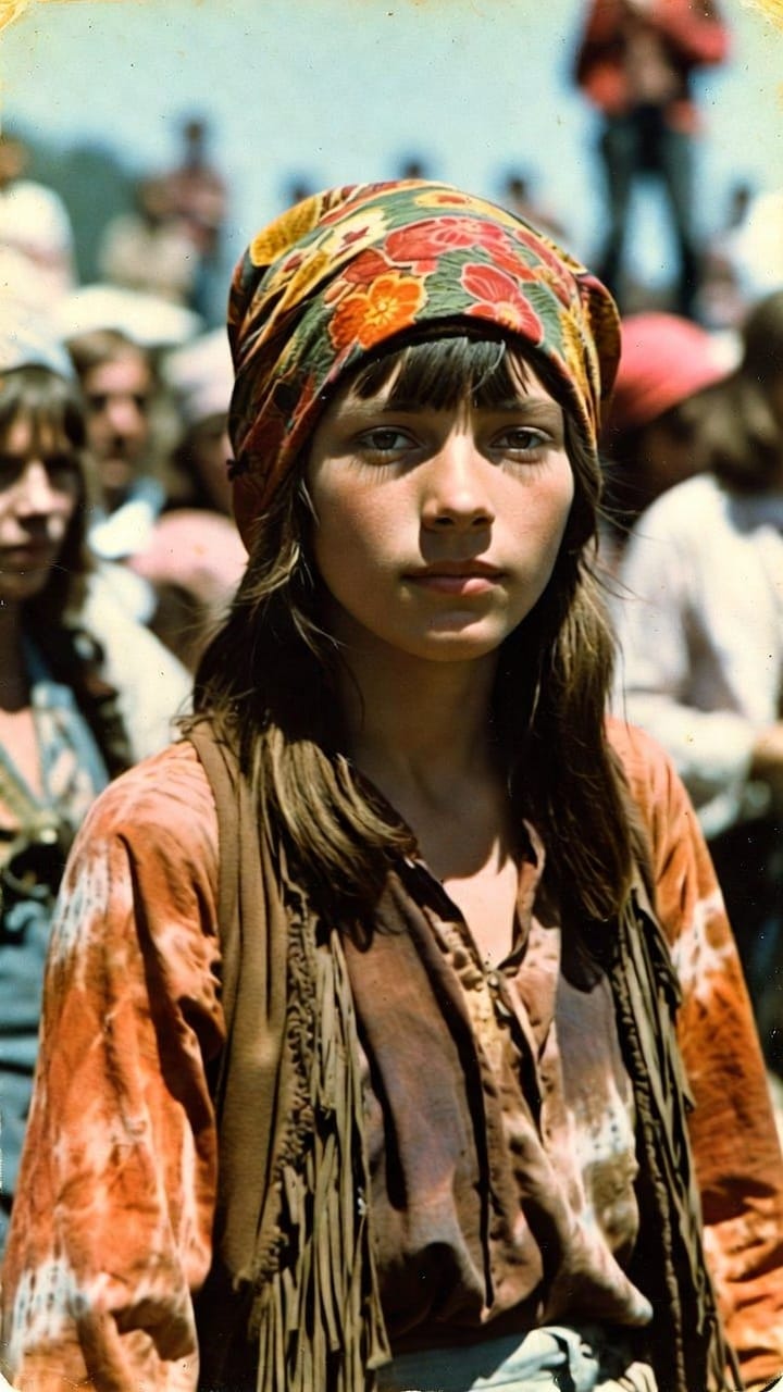 Young woman in floral headscarf at outdoor gathering
