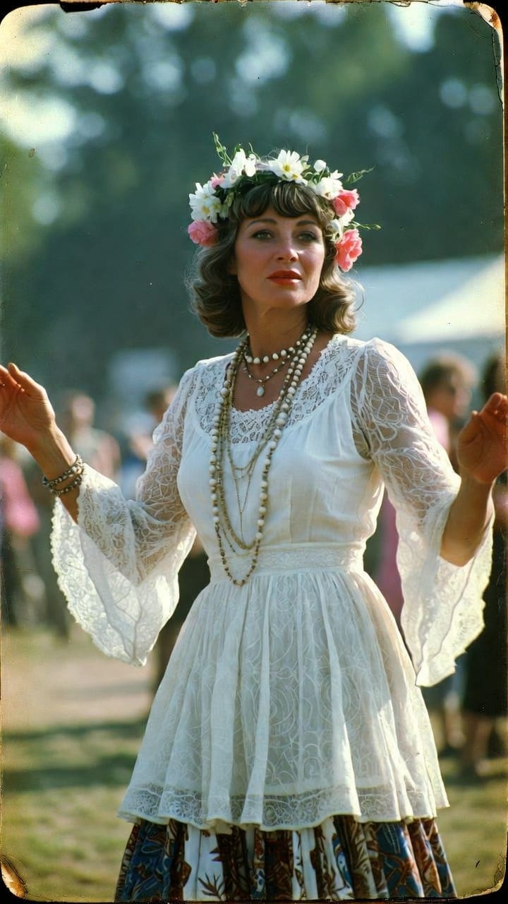 Woman in white lace dress with flower crown