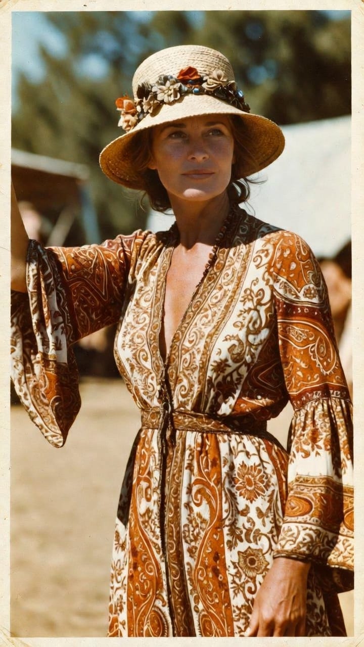Woman in floral hat and bohemian dress outdoors