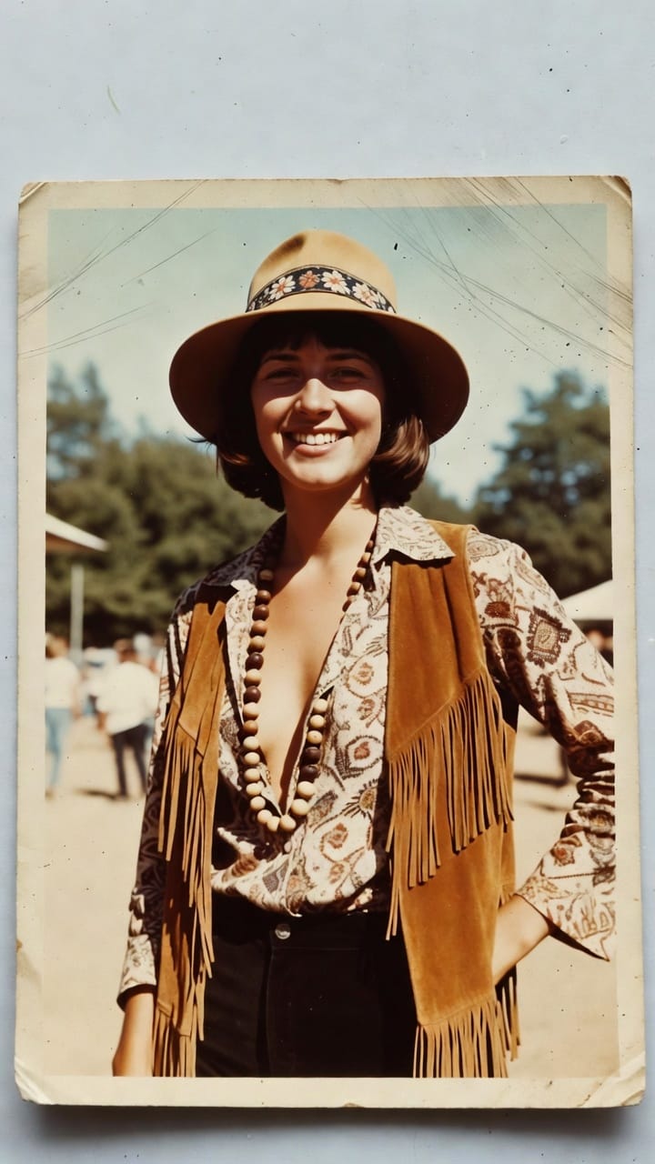 Smiling woman in fringe vest and wide-brim hat