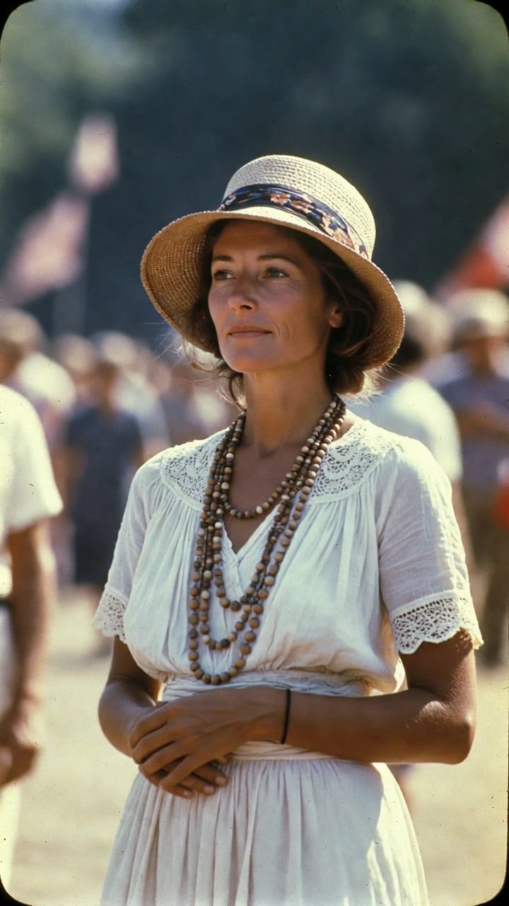 Woman in straw hat and white dress outdoors