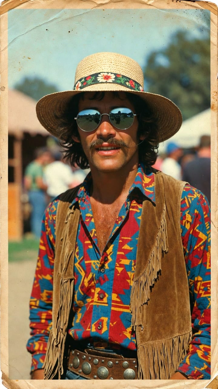 Man in straw hat and fringe vest