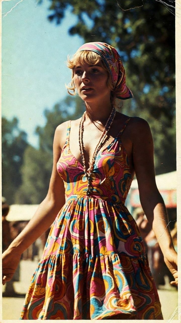 Woman in colorful psychedelic dress at outdoor festival