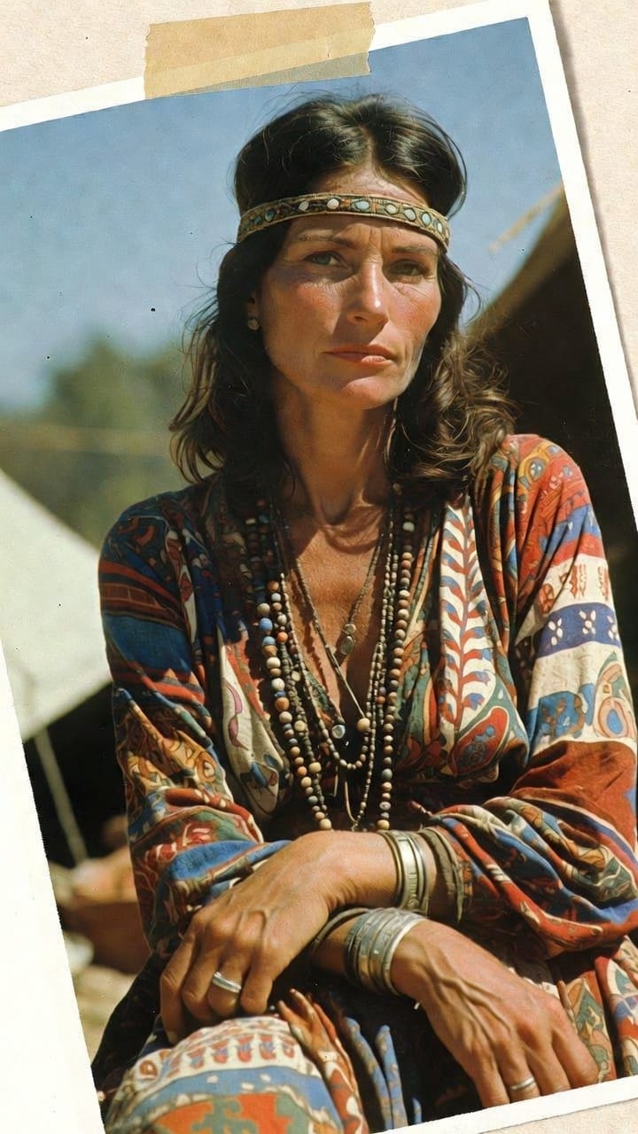 Woman in bohemian dress with headband outdoors