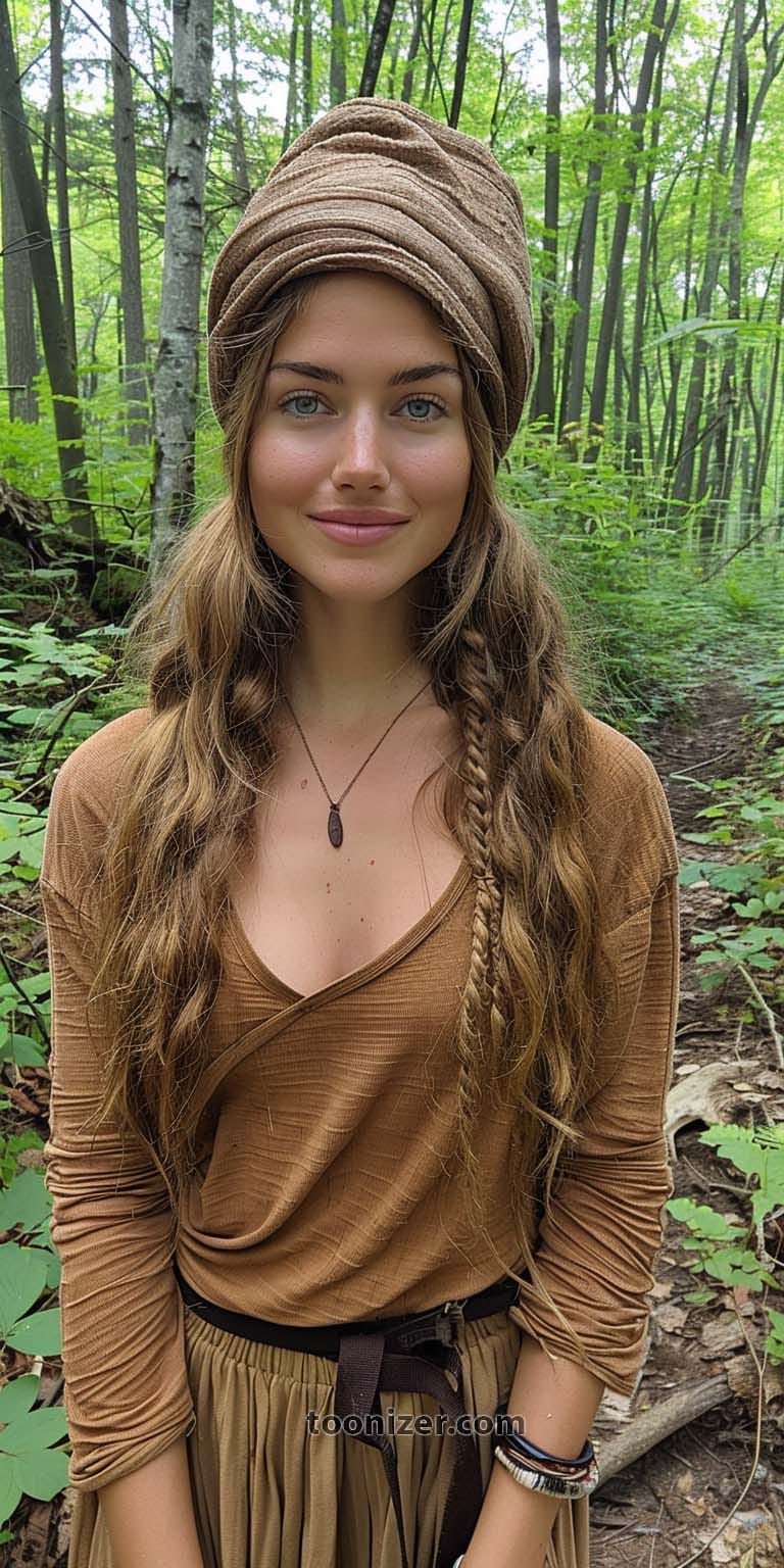 Smiling woman in forest wearing brown attire.