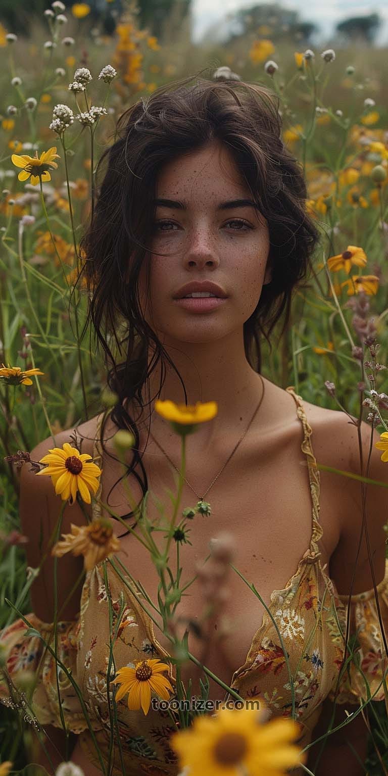 Woman in floral dress among wildflowers