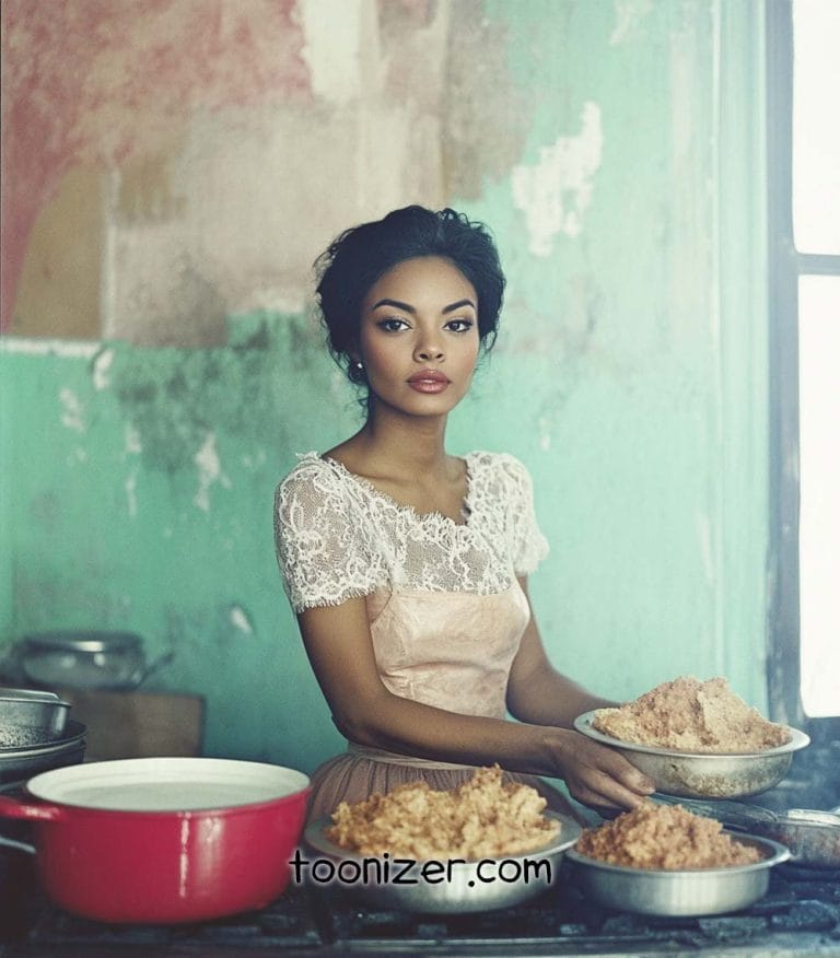 Woman in vintage dress with food bowls.