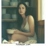 Woman sitting with bowl in kitchen
