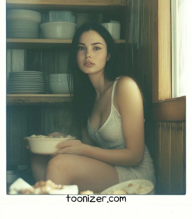 Woman sitting with bowl in kitchen