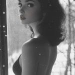 Animated woman in black dress near window.