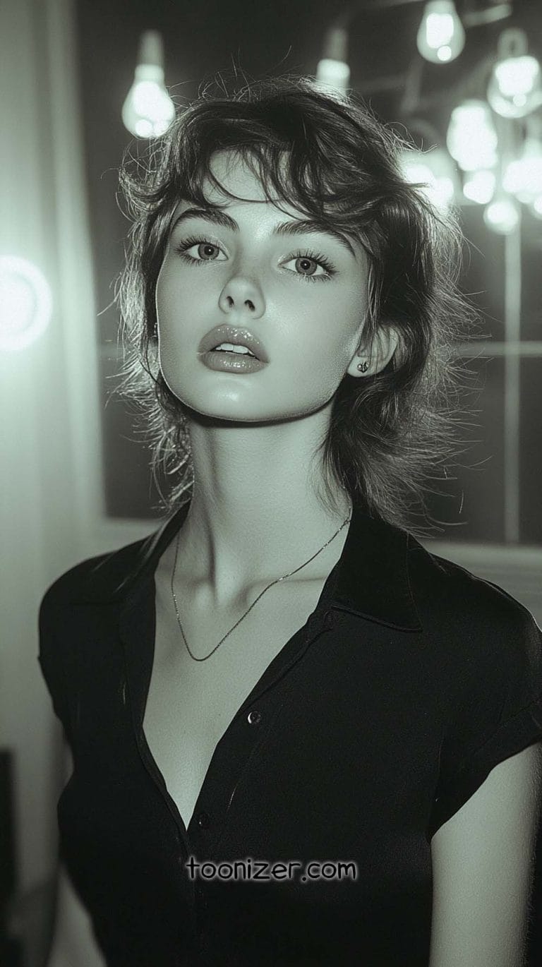 Woman in black shirt with blurred lights background