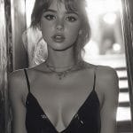 Stylish woman in black dress, monochrome portrait.