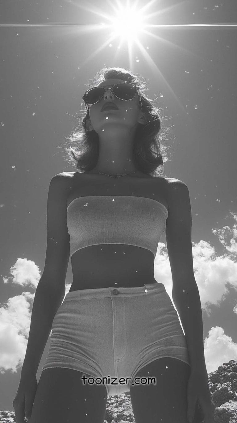 Woman in sunlight with clouds and sunglasses