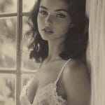 Woman in lace dress by window, sepia filter