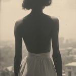 Person overlooking cityscape in black and white.