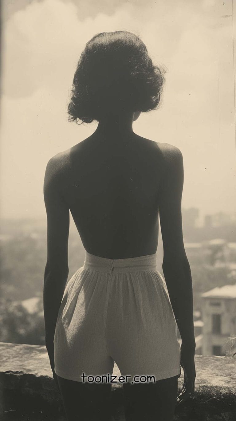 Person overlooking cityscape in black and white.