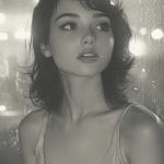 Monochrome portrait of a woman in soft lighting.