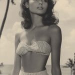 Woman in bikini near beach, vintage style.