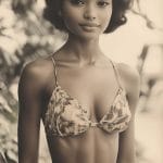 Vintage woman in floral swimwear, tropical background.