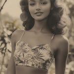 Vintage-style woman in floral top outdoors.