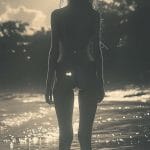 Silhouette of person standing in water at sunset.