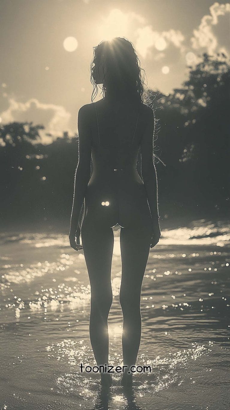 Silhouette of person standing in water at sunset.