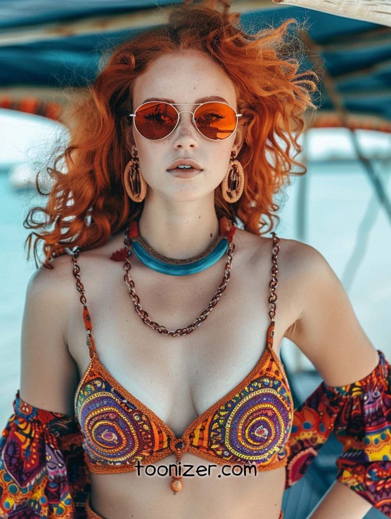 Woman in colorful bikini and sunglasses on a boat.