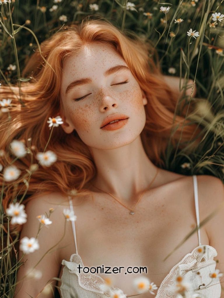 Woman lying in field with flowers, eyes closed.