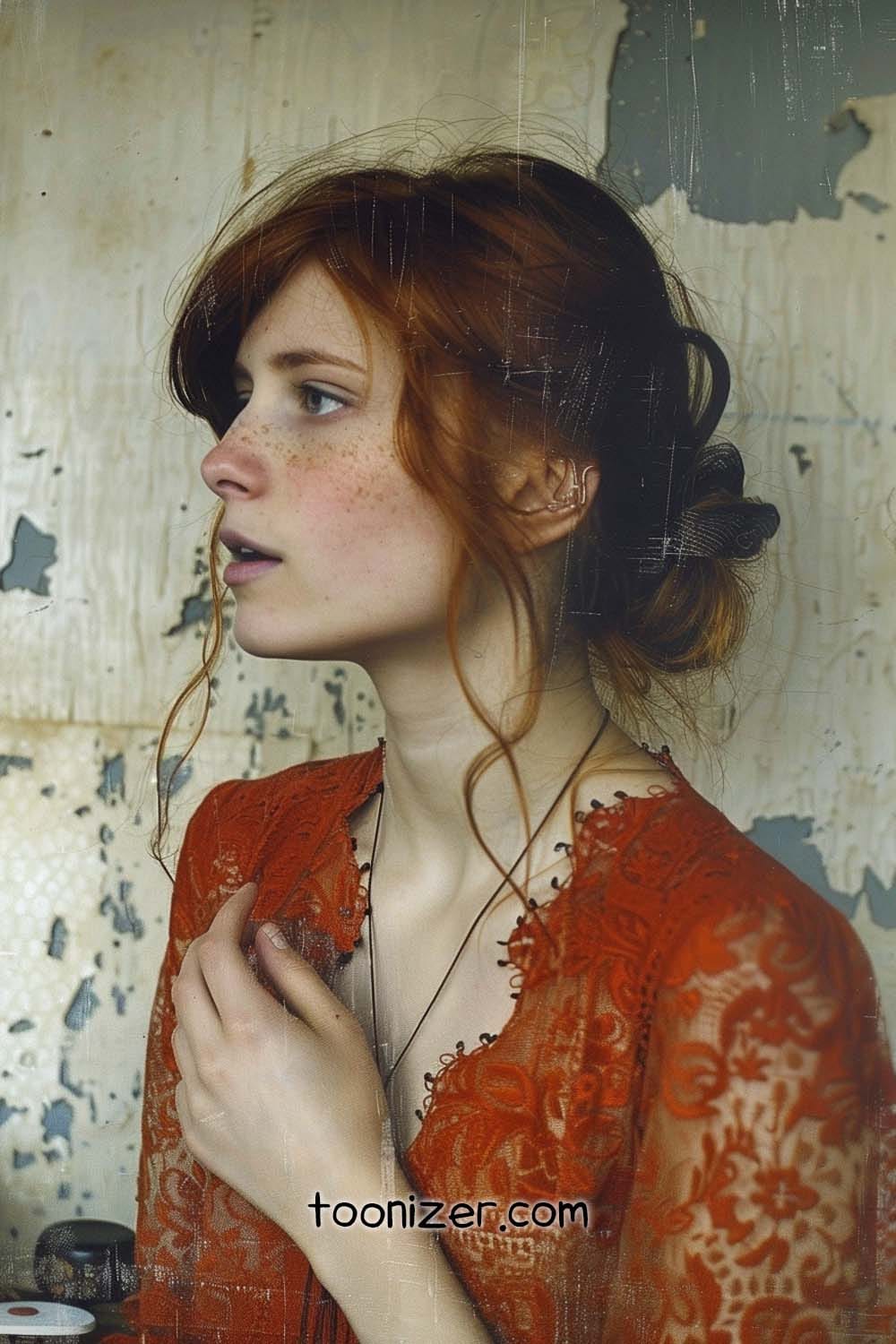 Woman in red lace dress, thoughtful expression.