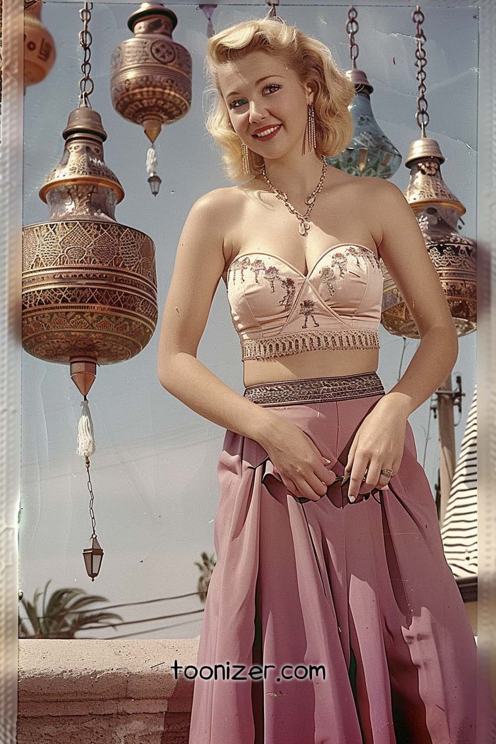 Woman smiling under decorative hanging lamps.