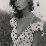Black and white portrait of woman in floral dress.