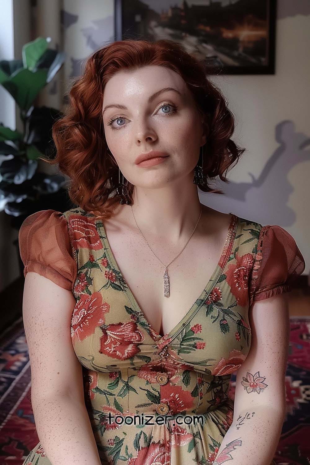 Woman with red hair in floral dress.