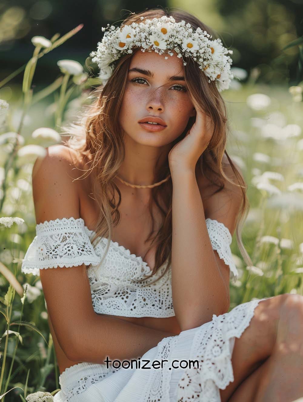 Woman with floral crown in sunny field