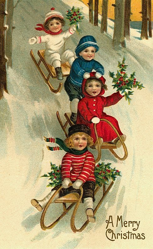Children sledding with Christmas flowers in snow.
