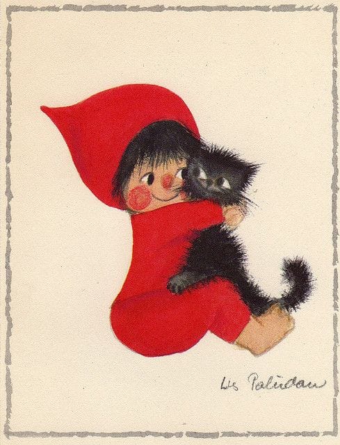 Illustration of child hugging black kitten.