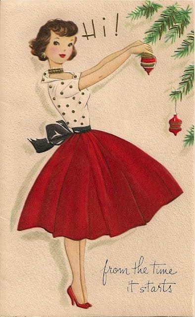 Illustration of woman in vintage dress with ornaments.