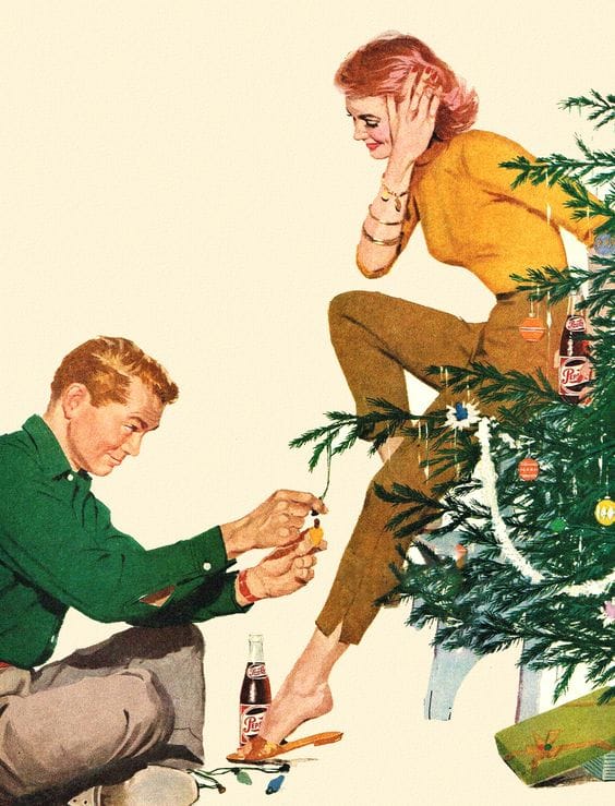 Vintage couple decorating Christmas tree with drinks.