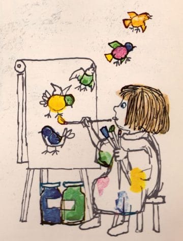 Child painting colorful birds on a canvas