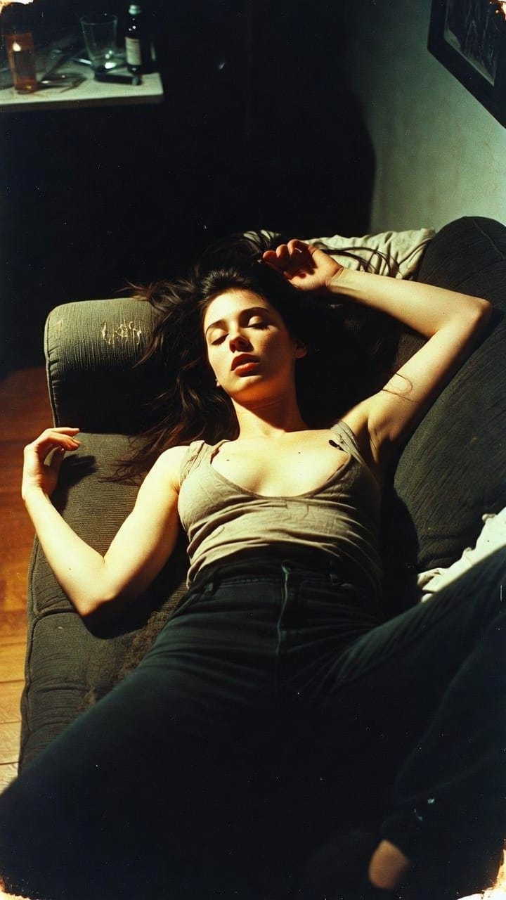 Woman reclining on couch in dim light