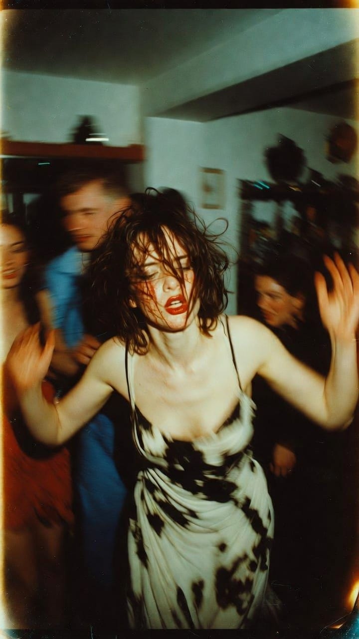 Woman dancing energetically at crowded house party