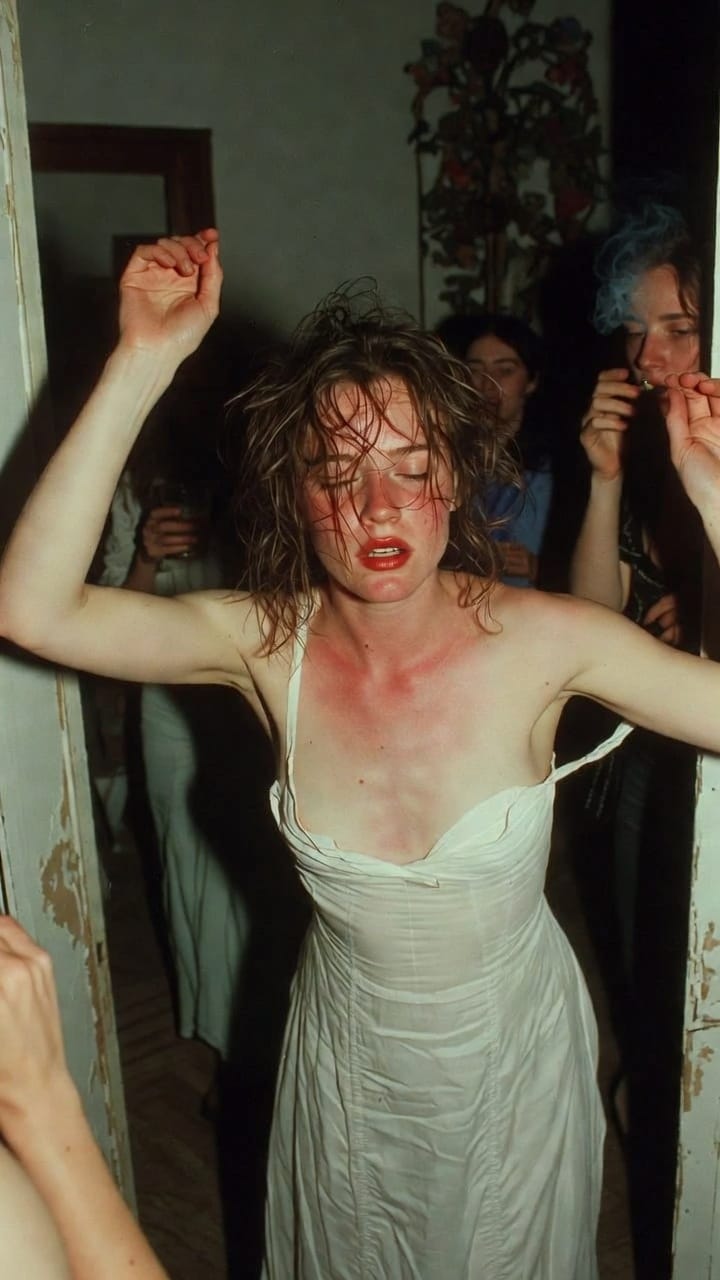 Woman in white dress dancing in doorway