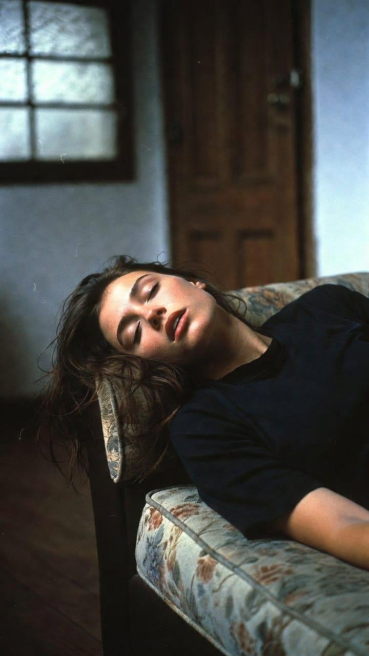 Woman reclining on patterned couch with eyes closed
