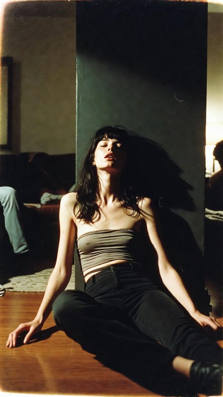 Woman sitting on floor against wall in moody light