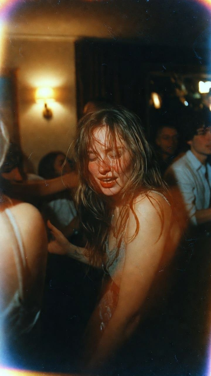 Woman dancing in dimly lit crowded party