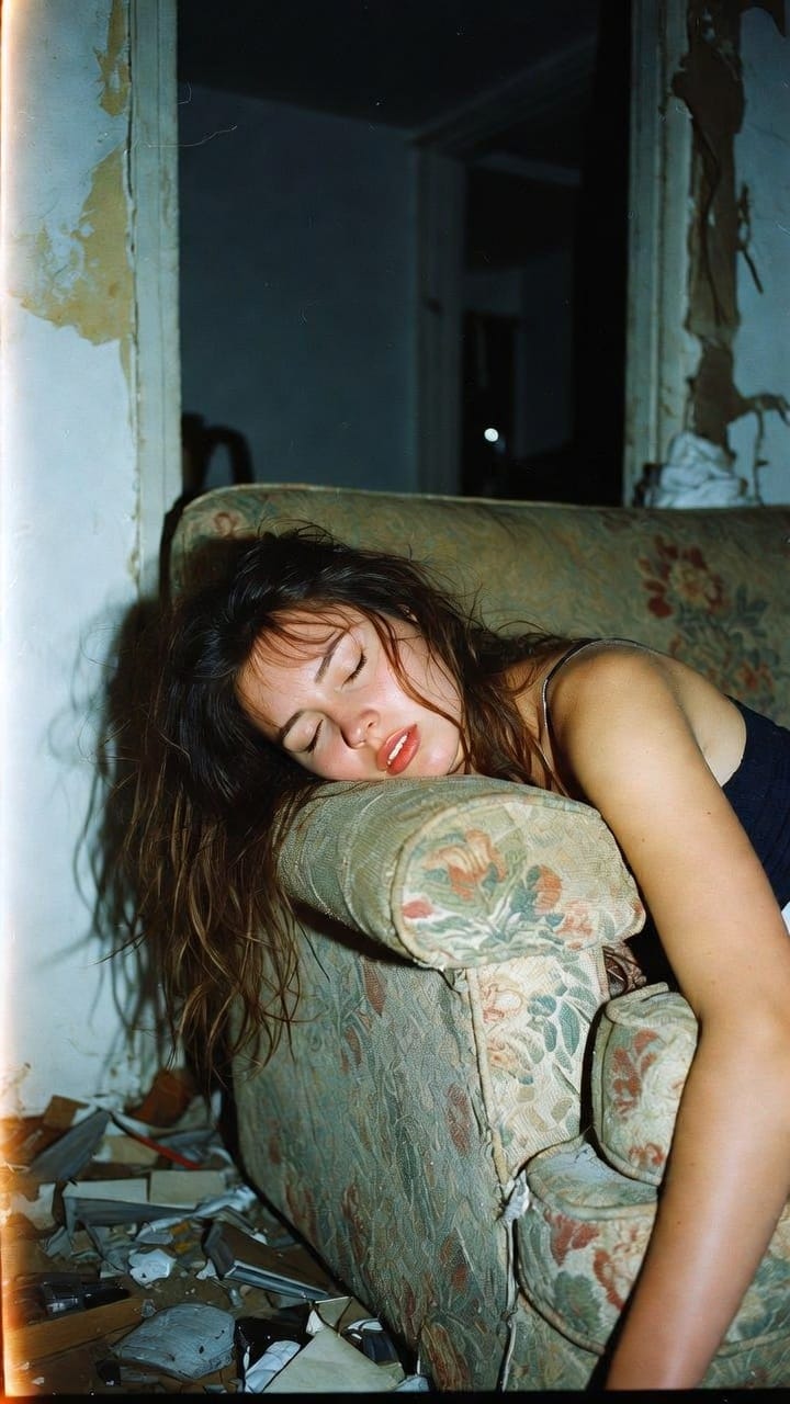 Woman sleeping on worn couch in abandoned room