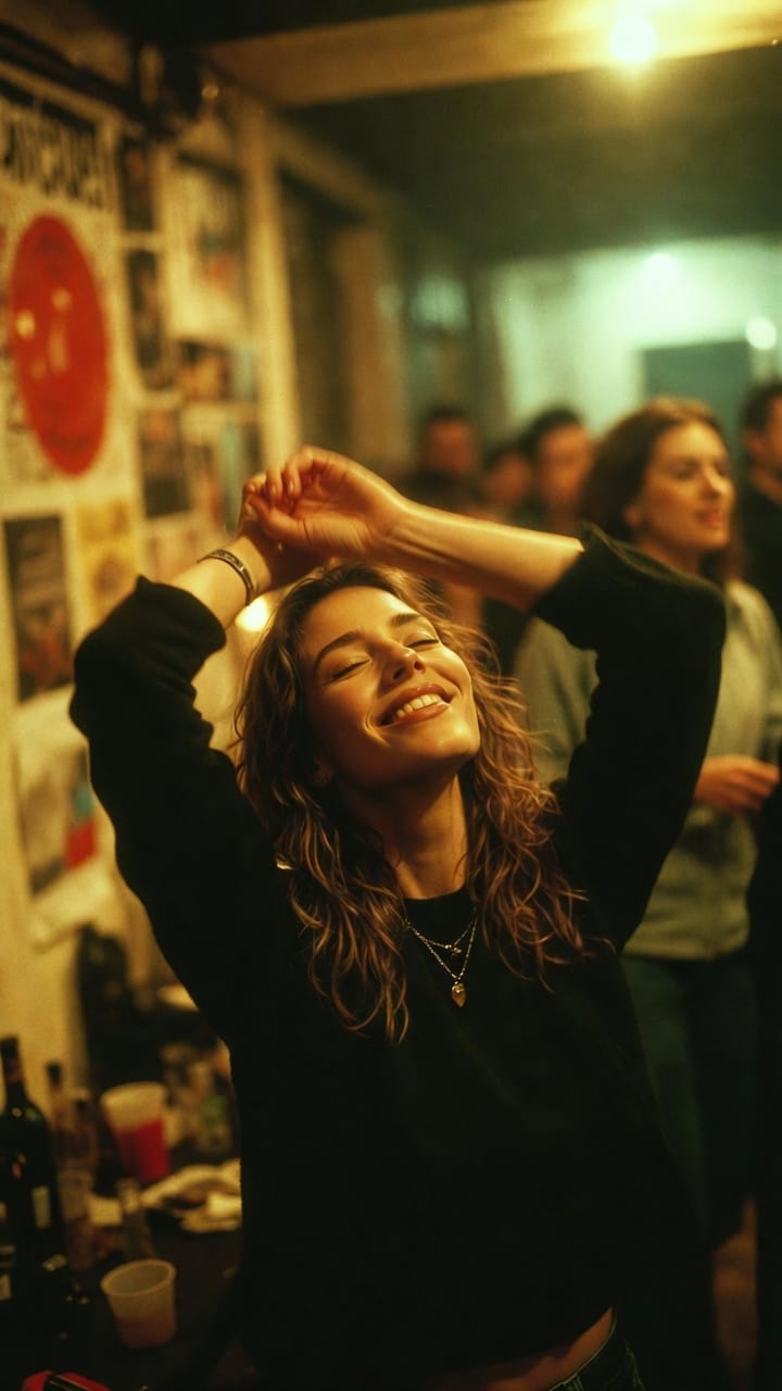 Woman dancing joyfully at indoor party